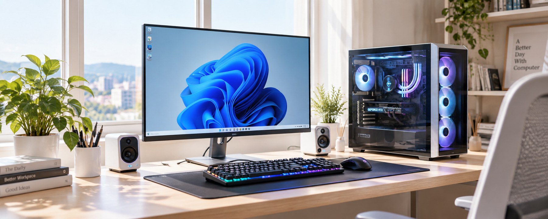 창가 책상에 셋팅 완료된 업무·게임용 PC — 모니터·본체·주변기기